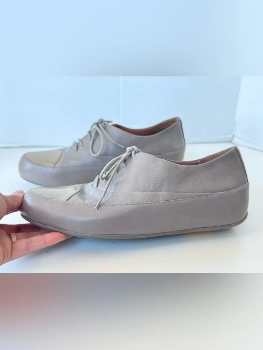FitFlop Taupe Platform Cap Toe Leather Lace Up Oxford Shoes Women's Size 38.5